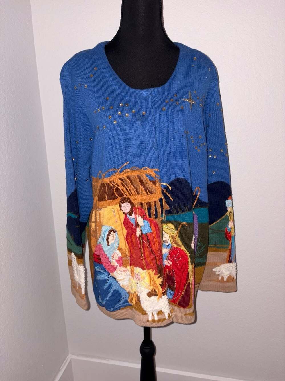 Belle Pointe Vintage Beaded Nativity Christmas Cardigan Sweater Wise Men